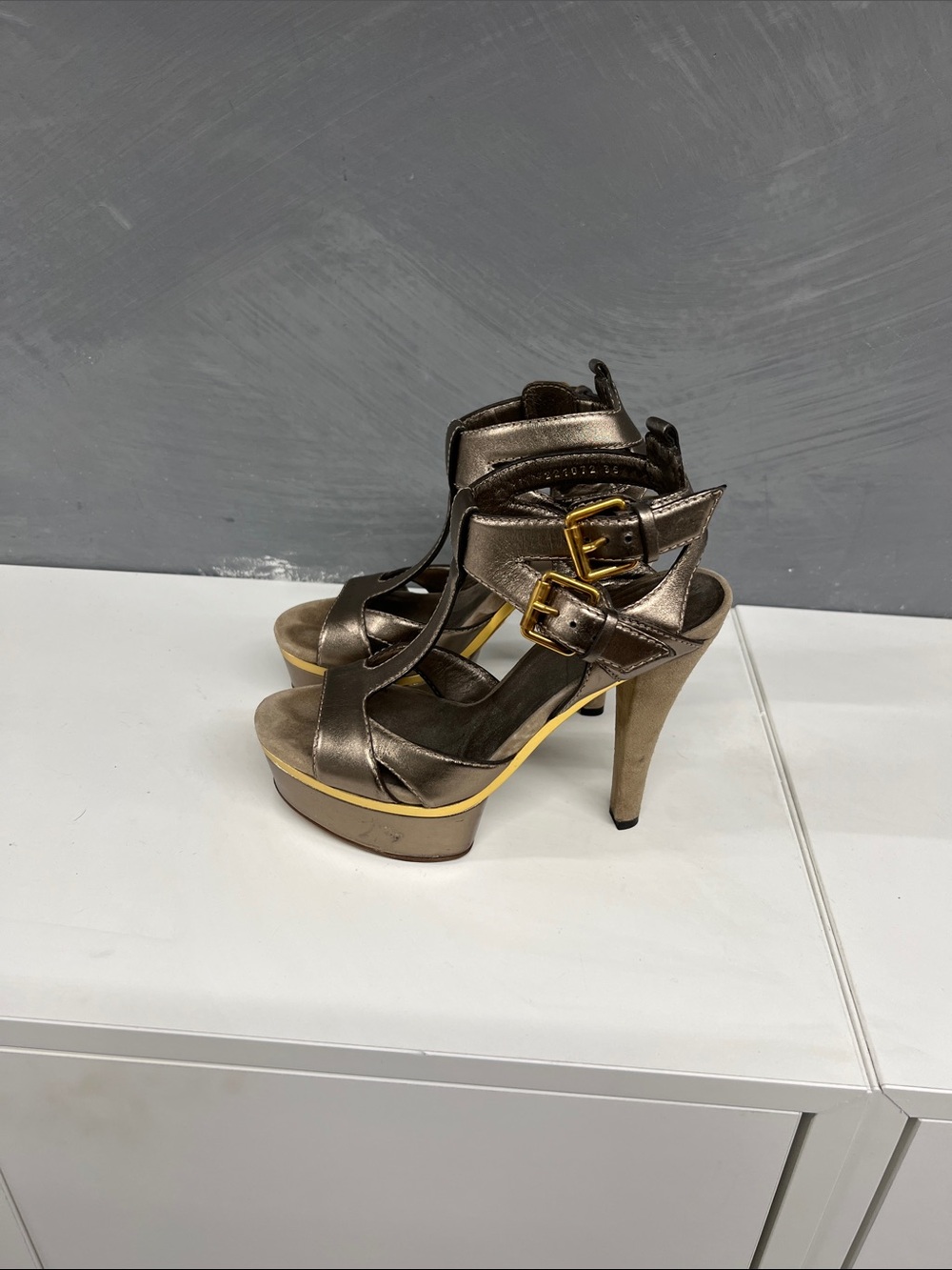 Gucci Metallic Strappy Platform Heels with Gold Buckles